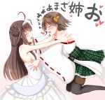  2girls bare_shoulders black_legwear breasts brown_hair choker cleavage closed_eyes detached_sleeves double_bun dress flower hairband headgear hiei_(kantai_collection) japanese_clothes jumping kantai_collection kongou_(kantai_collection) long_hair multiple_girls nontraditional_miko open_mouth pantyhose personification plaid rose short_hair skirt smile sotogawa_max thigh-highs wedding_dress white_rose 