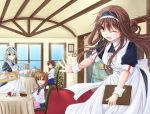  4girls alternate_costume apron blush cake chair dish dress food hairband hakama_skirt ichika_5259 inazuma_(kantai_collection) kaga_(kantai_collection) kongou_(kantai_collection) multiple_girls school_uniform serafuku shoukaku_(kantai_collection) sitting skirt table waist_apron waitress 