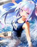  +_+ 1girl blue_hair breasts cleavage fang hair_ribbon haribote_(tarao) highres i-19_(kantai_collection) kantai_collection large_breasts long_hair one-piece_swimsuit open_mouth partially_submerged personification red_eyes ribbon school_swimsuit solo swimsuit symbol-shaped_pupils torpedo twintails water 