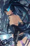  1girl bare_shoulders bikini_top black_hair black_rock_shooter black_rock_shooter_(character) blue_eyes chain clouds dark_skin dutch_angle from_behind full_moon gloves glowing glowing_eyes highres long_hair looking_back moon mouth_hold scar short_shorts shorts sky solo star_(sky) starry_sky sword tattoo tel-o twintails very_long_hair weapon 