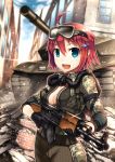  1girl ahoge ak-47 akuko_(arc) alliance_of_valiant_arms assault_rifle blue_eyes camouflage gia goggles goggles_on_head gun hair_ornament hairclip looking_at_viewer military military_vehicle open_mouth rifle short_hair solo tank vehicle weapon 