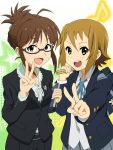  2girls akizuki_ritsuko ares-athene-glasses backpack bag brown_eyes brown_hair crossover drumsticks glasses hairband_removed half_updo highres idolmaster k-on! multiple_girls musical_note open_mouth school_uniform tainaka_ritsu v yellow_eyes 