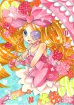 1girl bare_shoulders blonde_hair blue_eyes boots bow dress drill_hair earrings eyepatch flower hair_bow harime_nui heart jewelry kill_la_kill long_hair mizame open_mouth parasol smile solo strapless_dress teeth traditional_media twin_drills twintails umbrella wrist_cuffs 