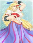  1girl abs blonde_hair breasts fan grin highres horn hoshiguma_yuugi large_breasts long_hair long_skirt navel red_eyes sakazuki shackles skirt smile solo t-shirt touhou vertical_stripes very_long_hair yoshinaka_(wethand) 