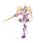 1girl alternate_costume blonde_hair boots breasts cleavage detached_collar detached_sleeves drill_hair eyepatch gloves harime_nui highres junketsu kill_la_kill knee_boots long_hair muwa platform_footwear see-through smile solo twin_drills weapon white_gloves 