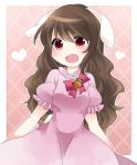  1girl alternate_hair_length alternate_hairstyle animal_ears blush bow brown_hair bunny_tail carrot commentary_request dress fang hammer_(sunset_beach) heart inaba_tewi long_hair looking_at_viewer open_mouth pink_dress rabbit_ears red_eyes smile solo tail touhou 