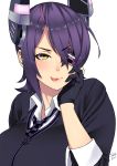  1girl checkered checkered_necktie eyepatch gloves hand_on_own_face highres kantai_collection necktie personification purple_hair short_hair signature simple_background solid_air solo tenryuu_(kantai_collection) tongue yellow_eyes 