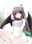  1girl bat_wings black_hair blush character_request clothed_navel hat kt2 long_hair pillow red_eyes short_sleeves solo thigh-highs white_legwear wings zettai_ryouiki 