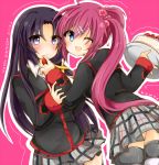  2girls black_hair blue_eyes cake food fruit hair_ribbon kurugaya_yuiko little_busters!! long_hair multiple_girls purple_hair ribbon saigusa_haruka school_uniform side_ponytail strawberry striped striped_legwear thigh-highs ura_(ura-tennislove) violet_eyes 