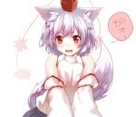  1girl animal_ears bare_shoulders blush breast_squeeze breasts detached_sleeves fang hat hijiri-ssh inubashiri_momiji large_breasts looking_at_viewer open_mouth red_eyes short_hair silver_hair solo tail tokin_hat touhou translation_request wolf_ears wolf_tail 