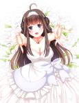  1girl bare_shoulders blue_eyes breasts brown_hair cleavage double_bun dress flower hairband kantai_collection kongou_(kantai_collection) long_hair nontraditional_miko open_mouth personification rose smile sotogawa_max wedding_dress white_rose 