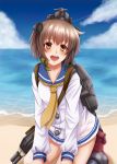  1girl beach blue_sky brown_eyes brown_hair cannon clouds hair_ornament kantai_collection mitsucho open_mouth personification sailor_dress sand short_hair sitting sky smile solo torpedo turret water yukikaze_(kantai_collection) 