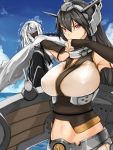  2girls asanuma black_hair breasts face_grab hand_to_own_mouth headgear jewelry kantai_collection large_breasts long_hair multiple_girls nagato_(kantai_collection) navel outstretched_arm personification red_eyes ring shinkaisei-kan ta-class_battleship trembling wedding_band 