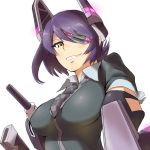  1girl checkered_necktie eyepatch from_below gloves grin headgear kantai_collection looking_at_viewer machinery orange_eyes personification purple_hair scabbard shao_(newton) sheath short_hair smile solo tenryuu_(kantai_collection) turret 