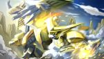  arm_cannon armor blue_eyes brown_eyes claws clouds digimon digimon_xros_wars dk_(13855103534) fireball highres horns monster motion_blur mountain no_humans omegashoutmon open_mouth sharp_teeth sky spikes weapon wings zeekgreymon 