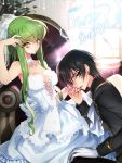  1boy 1girl bare_shoulders black_hair blush breasts c.c. cleavage code_geass creayus dress gloves green_hair lelouch_lamperouge long_hair looking_at_viewer open_mouth shiny shiny_skin short_hair sitting veil violet_eyes wedding_dress white_day white_gloves yellow_eyes 