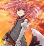  1girl axe blue_eyes koron_(tkhsrui) lowres orange_background payot pink_hair presea_combatir short_hair skirt solo tales_of_(series) tales_of_symphonia twintails weapon 