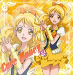  1girl blonde_hair bow bowtie character_name cure_honey hair_bow hands_together hanzou happinesscharge_precure! long_hair magical_girl oomori_yuuko orange_(color) orange_background precure skirt smile solo wrist_cuffs yellow_eyes yellow_skirt zoom_layer 