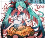  1girl character_name erere green_eyes green_hair hatsune_miku long_hair open_mouth skirt solo twintails very_long_hair vocaloid wink 