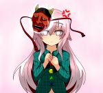  1girl anger_vein bow bust expressionless face_mask hata_no_kokoro hatomizu_(issunya) highres long_hair long_sleeves mask oni_mask pink_eyes pink_hair shirt solo touhou very_long_hair wide_sleeves 