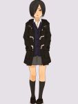 1girl black_hair hands_in_pockets jacket kiiroi_tamago looking_at_viewer short_hair simple_background skirt solo 