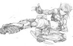  1girl character_request clenched_hand commentary_request flying_kick imizu_(nitro_unknown) kicking mecha_musume midriff monochrome sketch smile solo v 