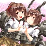  2girls blush bow breasts brown_eyes brown_hair cannon cherry_blossoms hair_bow hair_ribbon heart heart_hands hyuuga_(kantai_collection) ise_(kantai_collection) japanese_clothes kantai_collection long_hair multiple_girls open_mouth personification petals ponytail ribbon short_hair skirt smile turret 