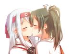  2girls armor black_hair blush closed_eyes hair_ribbon hairband japanese_clothes kantai_collection kiss misocha multiple_girls muneate ribbon shoukaku_(kantai_collection) twintails white_hair yuri zuikaku_(kantai_collection) 