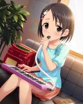  1girl artist_request backpack backpack_removed bag black_eyes black_hair bunny_hair_ornament couch hair_ornament hairclip idolmaster idolmaster_cinderella_girls instrument keyboard_(instrument) melodica musical_note official_art playing_instrument randoseru sasaki_chie short_hair 