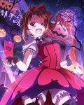  &gt;;d 1girl ;d brown_hair fangs fingerless_gloves gloves halloween idolmaster idolmaster_million_live! jack-o&#039;-lantern laughing looking_at_viewer musical_note my_dear_vampire official_art open_mouth side_ponytail smile violet_eyes wink yokoyama_nao 