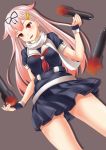  1girl blush fingerless_gloves fuku_d gloves hair_ornament hair_ribbon hairclip kantai_collection long_hair personification pink_hair red_eyes ribbon scarf school_uniform serafuku skirt solo torpedo yuudachi_(kantai_collection) 