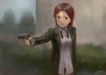  1girl artist_name dated epaulettes faux_traditional_media gun handgun kanokoga long_hair minna-dietlinde_wilcke open_clothes open_jacket open_mouth pistol rain red_eyes redhead solo strike_witches unbuttoned uniform walther walther_ppk weapon wet wet_clothes 