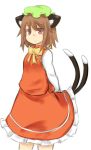 1girl animal_ears arms_behind_back blouse brown_hair cat_ears cat_tail chen frilled_skirt frills mob_cap multiple_tails red_eyes s_katsuo short_hair simple_background skirt tail touhou two_tails vest white_background 
