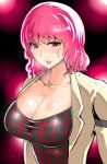  1girl breasts cleavage collarbone horikawa_raiko ika-bi impossible_clothes impossible_shirt jacket large_breasts lips pink_hair red_eyes redhead short_hair solo sweat touhou 
