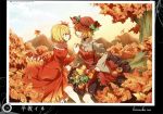  2girls absurdres aki_minoriko aki_shizuha apple apron artist_name autumn blonde_hair blue_sky choker closed_eyes clouds family food frills fruit grapes hat highres hirasaka_ine holding_hands leaf leaf_on_head long_sleeves looking_at_another maple_leaf mob_cap mountain multiple_girls nail_polish open_mouth orange pear scan shirt short_hair siblings sisters skirt skirt_set sky smile touhou tree vest wide_sleeves yellow_eyes 