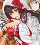  1girl akagi_(kantai_collection) alcohol arrow brown_eyes brown_hair dish dress japanese_clothes kantai_collection kimono long_hair personification quiver sakazuki sake short_hair smile traditional_media uchikake wedding_dress yukitsuki_kokoro 