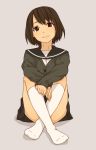  1girl brown_hair kiiroi_tamago looking_at_viewer school_uniform serafuku short_hair simple_background skirt smile solo white_legwear 