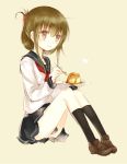  1girl brown_eyes brown_hair folded_ponytail inazuma_(kantai_collection) kantai_collection loafers neckerchief personification plate pudding school_uniform sencha_(coldcolor) serafuku shoes skirt smile solo spoon 