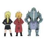  alphonse_elric armor blonde_hair braid earrings edward_elric from_behind fullmetal_alchemist hands_on_hips highres jewelry ponytail winry_rockbell 
