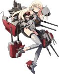  1girl armband bismarck_(kantai_collection) blonde_hair blush breasts brown_gloves cannon detached_sleeves gloves grey_eyes grey_legwear hat hat_removed headwear_removed kantai_collection long_hair mecha_musume official_art open_mouth peaked_cap personification shimada_fumikane solo thigh-highs torn_clothes torn_thighhighs transparent_background 