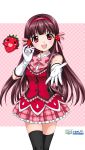  food fruit haruzaki_nonoka long_hair maroon_hair marronni_yell microphone official_art pleated_skirt red_eyes skirt strawberry thigh-highs wallpaper 