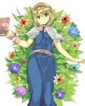  1girl alice_margatroid blonde_hair blue_dress blue_eyes book bowtie capelet dress flower grass grimoire hair_between_eyes hairband hasebe_yuusaku holding short_hair short_sleeves touhou wrist_ribbon 