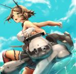  1girl armpits breasts brown_hair chain gloves green_eyes hairband kantai_collection large_breasts machinery mutsu_(kantai_collection) open_mouth pekoneko short_hair sideboob solo thigh-highs turret water 