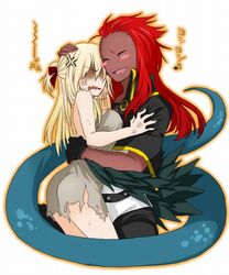  1boy 1girl anger_vein bajiru_(reizoku_ichiba) basilisk black_gloves blonde_hair blush_stickers capelet dark_skin gloves hand_on_another&#039;s_head hug interracial long_hair misutoretto_(reizoku_ichiba) monster_boy petting redhead reizoku_ichiba single_glove slave suzuhiko torn_clothes 