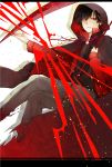  1boy black_hair cloak hair_over_one_eye highres holding hood jersey kagerou_project kisaragi_shintarou letterboxed outstretched_hand red_eyes rubill scythe shinigami short_hair sitting solo track_jacket weapon 