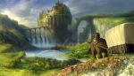  bridge carriage cart castle clouds fantasy flower hat highres hood horn landscape original rainbow scenery sky town water waterfall you_(shimizu) 