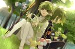  2boys cheek_pull creature flower forest gloves green green_eyes green_hair hair_tubes hairband hoshi_ataru ion male mieu multiple_boys nature pantyhose payot sitting smile sync tales_of_(series) tales_of_the_abyss tree white_legwear 
