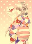  1girl brown_hair floral_print flower hair_flower hair_ornament highres japanese_clothes kimono long_hair obi origami original paper_crane polka_dot polka_dot_background porigon sash solo 