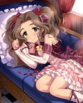  1girl bare_shoulders blush bow brown_hair couch cushion detached_sleeves dress eyebrows fetal_position flower frilled_dress frilled_skirt frills green_eyes hair_bow idolmaster idolmaster_cinderella_girls jpeg_artifacts kusakabe_wakaba legs_folded light_smile long_hair looking_at_viewer lying official_art on_side petals skirt solo twintails wavy_hair 