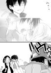  1girl 3boys comic french_kiss hoodie hug jacket kagerou_project kano_shuuya kisaragi_shintarou kiss kozakura_mary long_hair monochrome multiple_boys sakakimu saliva saliva_trail seto_kousuke short_hair translated 